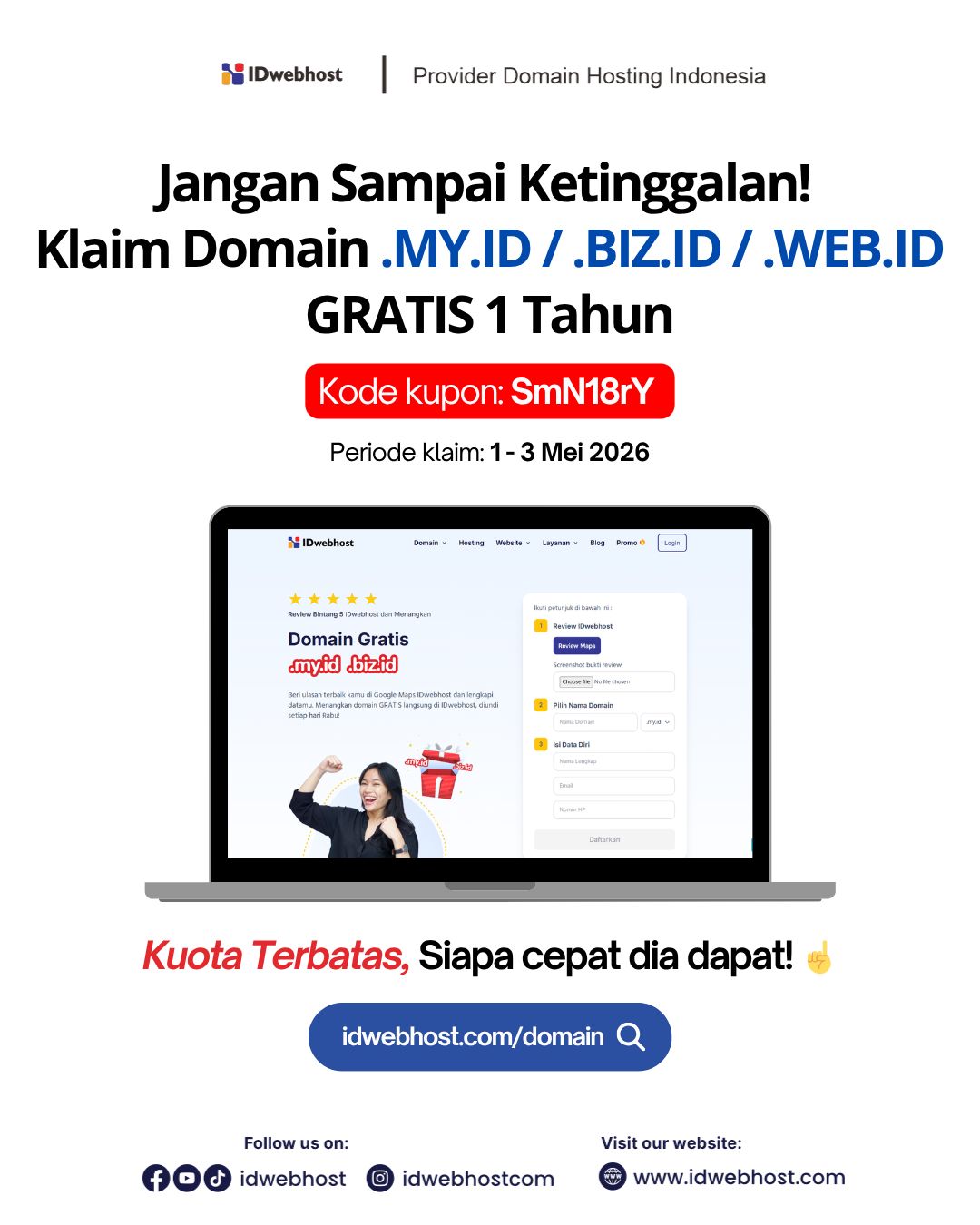 Promo Domain Gratis .MY.ID/.BIZ.ID 1 Tahun! Pakai Kode SmN18rY (1-3 Mei 2026) 